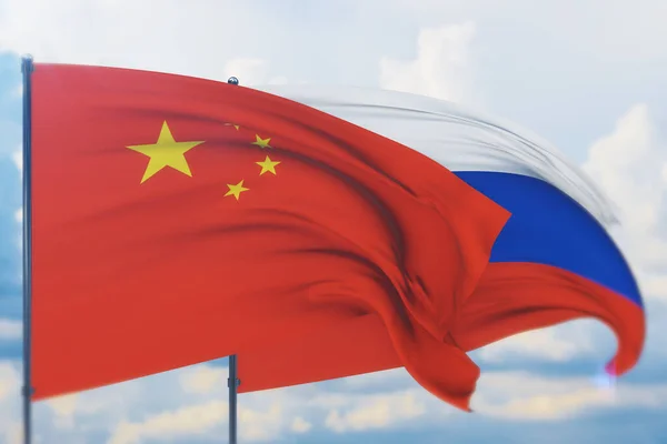 Размахивая российским флагом и флагом Китая. Вид крупным планом, 3D иллюстрация. — стоковое фото