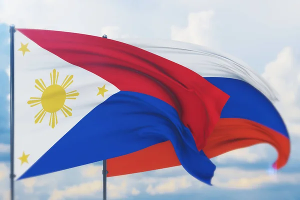 Rus bayrağı ve Filipinler bayrağı sallıyordu. Yakın görünüm, 3 boyutlu illüstrasyon. — Stok fotoğraf