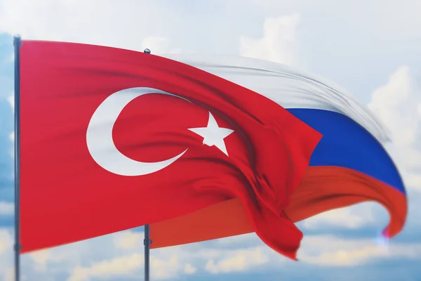 Az orosz zászló és zászló lobogtatása Törökországban. Közelkép, 3D illusztráció. — Stock Fotó