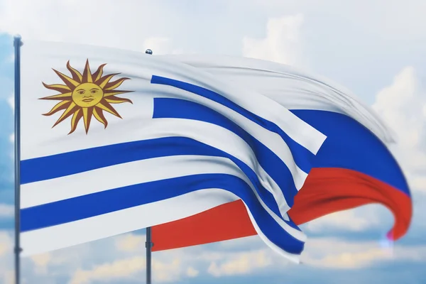 Bandeira russa e bandeira do Uruguai. Vista de perto, ilustração 3D. — Fotografia de Stock