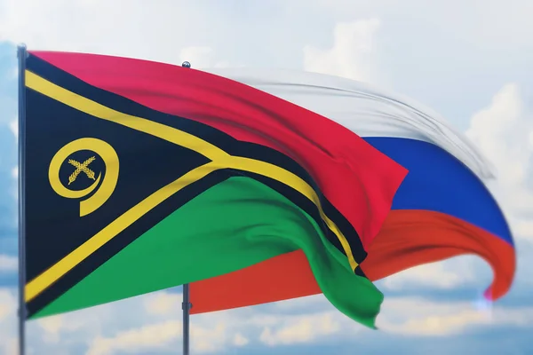 Sventola bandiera russa e bandiera di Vanuatu. Vista da vicino, illustrazione 3D. — Foto Stock