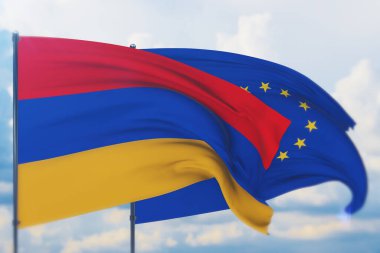 Avrupa Birliği bayrağı ve Ermenistan bayrağı sallıyordu. Yakın görünüm, 3 boyutlu illüstrasyon.