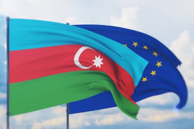 Dünyanın bayrakları, Avrupa Birliği bayrağı ve Azerbaycan bayrağı. Yakın görünüm, 3 boyutlu illüstrasyon.
