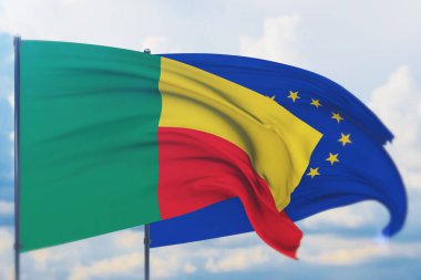 Avrupa Birliği bayrağı ve Benin bayrağı sallıyordu. Yakın görünüm, 3 boyutlu illüstrasyon.