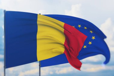 Avrupa Birliği bayrağı ve Çad bayrağı sallıyordu. Yakın görünüm, 3 boyutlu illüstrasyon.