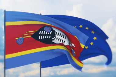 Avrupa Birliği bayrağı ve Eswatini bayrağı sallıyordu. Yakın görünüm, 3 boyutlu illüstrasyon.