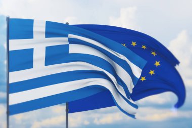 Avrupa Birliği bayrağı ve Yunanistan bayrağı sallıyordu. Yakın görünüm, 3 boyutlu illüstrasyon.