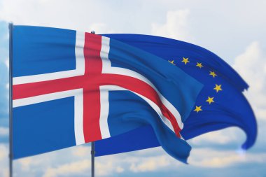 Avrupa Birliği bayrağı ve İzlanda bayrağı sallıyordu. Yakın görünüm, 3 boyutlu illüstrasyon.