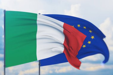 Avrupa Birliği bayrağı ve İtalya bayrağı sallıyordu. Yakın görünüm, 3 boyutlu illüstrasyon.