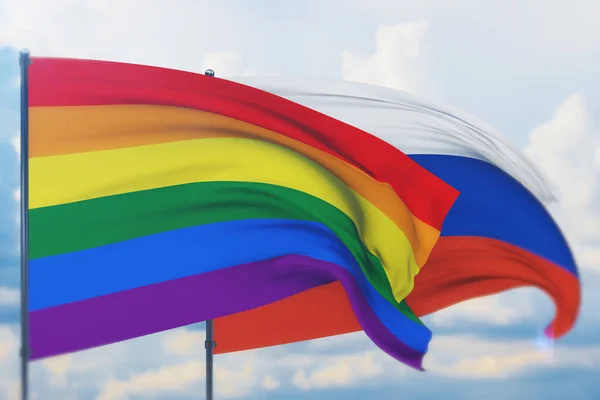 Illustration 3D. Le drapeau arc-en-ciel, le drapeau de fierté LGBT ou le drapeau de fierté gay agitant le vent. Tourné avec une faible profondeur de champ, mise au point sélective. — Photo