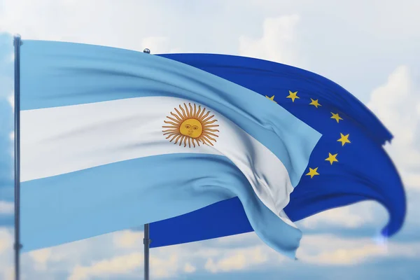 Acenando bandeira da União Europeia e bandeira da Argentina. Vista de perto, ilustração 3D. — Fotografia de Stock