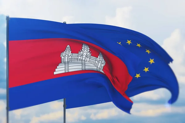 Acenando bandeira da União Europeia e bandeira do Camboja. Vista de perto, ilustração 3D. — Fotografia de Stock