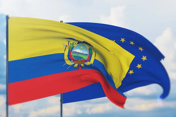 Mávání vlajkou Evropské unie a vlajkou Ekvádoru. Detailní pohled, 3D ilustrace. — Stock fotografie