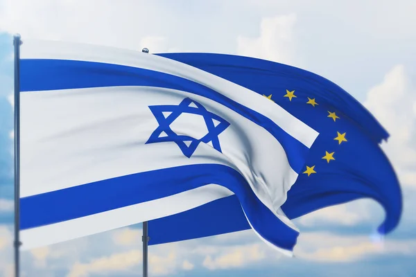 Ondeando la bandera de la Unión Europea e Israel. Vista de primer plano, ilustración 3D. — Foto de Stock