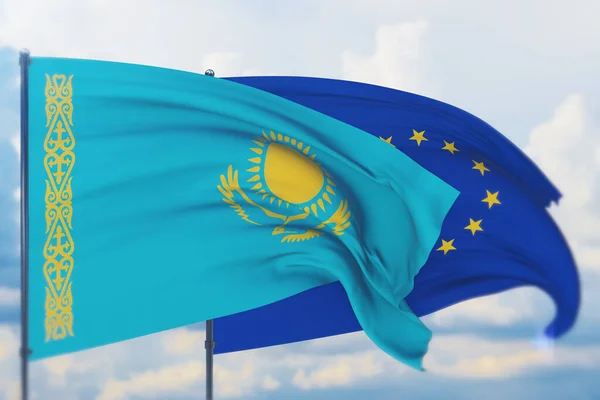 Avrupa Birliği bayrağı ve Kazakistan bayrağı sallıyordu. Yakın görünüm, 3 boyutlu illüstrasyon.