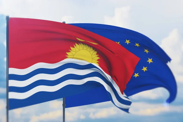 Ondeando bandera de la Unión Europea y bandera de Kiribati. Vista de primer plano, ilustración 3D. —  Fotos de Stock