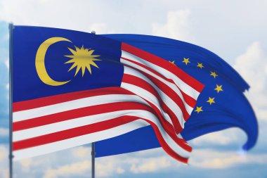 Avrupa Birliği bayrağı ve Malezya bayrağı sallıyordu. Yakın görünüm, 3 boyutlu illüstrasyon.