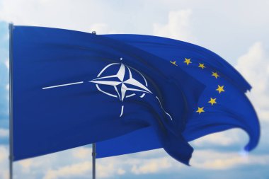 Avrupa Birliği bayrağı ve NATO bayrağı sallıyordu. Yakın görünüm, 3 boyutlu illüstrasyon.