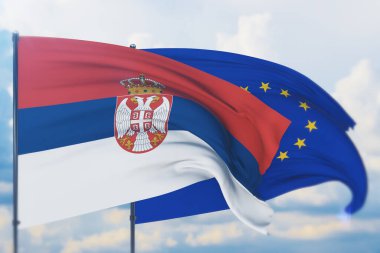 Waving European Union flag and flag of Serbia. Closeup view, 3D illustration. clipart