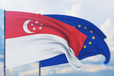 Avrupa Birliği bayrağı ve Singapur bayrağı sallıyordu. Yakın görünüm, 3 boyutlu illüstrasyon.
