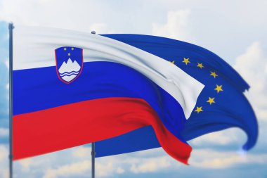 Avrupa Birliği bayrağı ve Slovenya bayrağı sallıyordu. Yakın görünüm, 3 boyutlu illüstrasyon.