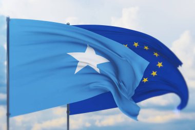 Avrupa Birliği bayrağı ve Somali bayrağı sallıyordu. Yakın görünüm, 3 boyutlu illüstrasyon.