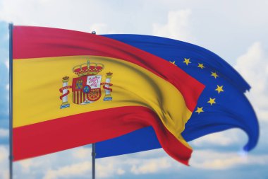 Avrupa Birliği bayrağı ve İspanya bayrağı sallıyordu. Yakın görünüm, 3 boyutlu illüstrasyon.