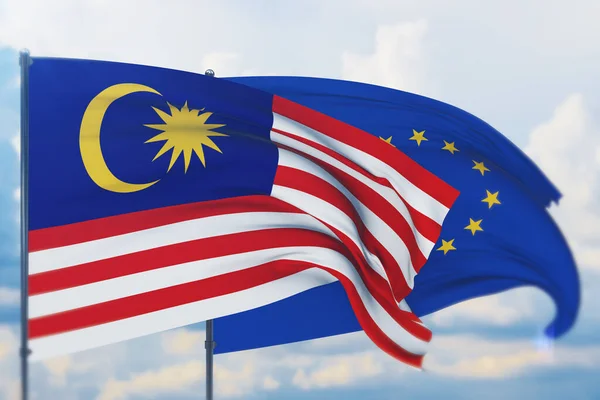 Ondeando bandera de la Unión Europea y bandera de Malasia. Vista de primer plano, ilustración 3D. —  Fotos de Stock