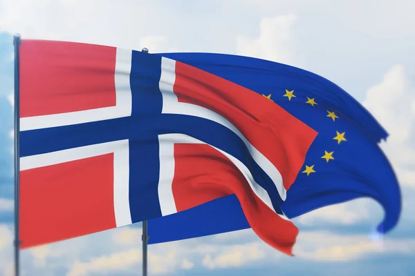 Хмарування прапором і прапором Європейського Союзу. Closeup view, 3D illustration. — стокове фото