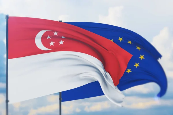 stock image Waving European Union flag and flag of Singapore. Closeup view, 3D illustration.