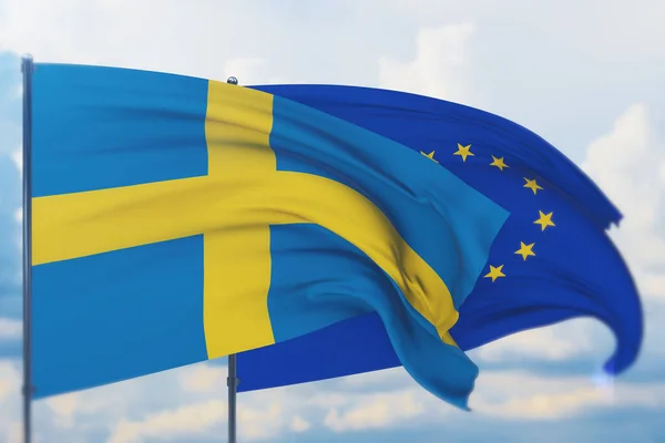 유럽 연합의 국기와 스웨덴의 국기를 흔들고 있다. 클로즈업 뷰 , 3D 삽화. — 스톡 사진