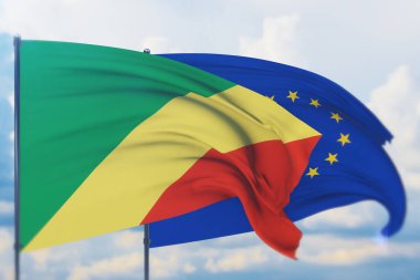 Avrupa Birliği bayrağı ve Kongo Cumhuriyeti bayrağı sallıyordu. Yakın görünüm, 3 boyutlu illüstrasyon.
