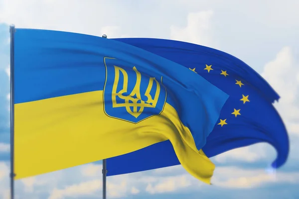 Flagge der Europäischen Union und Flagge der Ukraine schwenkend. Nahaufnahme, 3D-Illustration. — Stockfoto