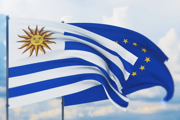 Bandeira da União Europeia e bandeira do Uruguai. Vista de perto, ilustração 3D. — Fotografia de Stock