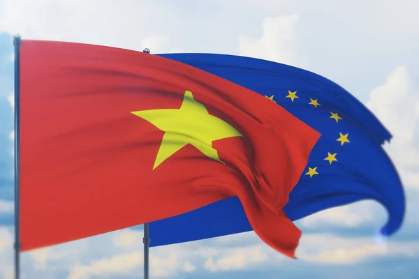 欧州連合の旗とベトナムの旗を振る。クローズアップビュー、 3Dイラスト. — ストック写真