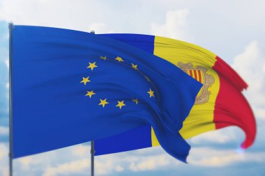 Avrupa Birliği bayrağı ve Andorra bayrağı sallıyordu. Yakın görünüm, 3 boyutlu illüstrasyon.