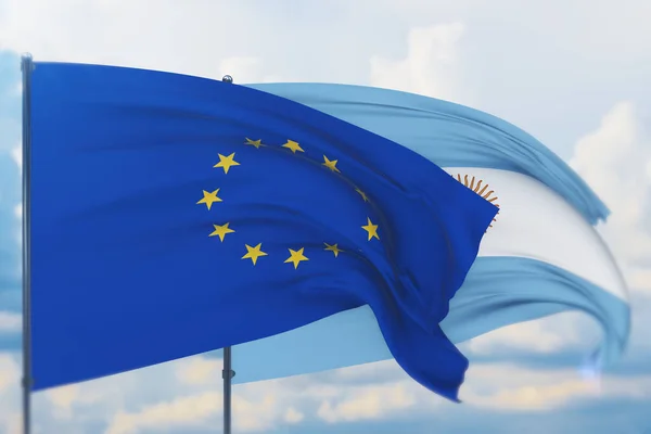 Ondeando bandera de la Unión Europea y bandera de Argentina. Vista de primer plano, ilustración 3D. —  Fotos de Stock