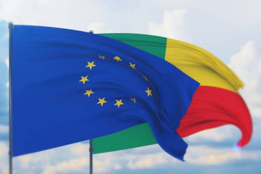 Avrupa Birliği bayrağı ve Benin bayrağı sallıyordu. Yakın görünüm, 3 boyutlu illüstrasyon.