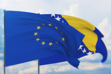 Avrupa Birliği bayrağı ve Bosna ve Hercegovina bayrağı sallıyordu. Yakın görünüm, 3 boyutlu illüstrasyon.