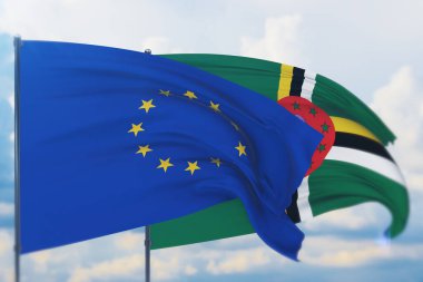 Dominika bayrağı ve Avrupa Birliği bayrağı sallıyordu. Yakın görünüm, 3 boyutlu illüstrasyon.