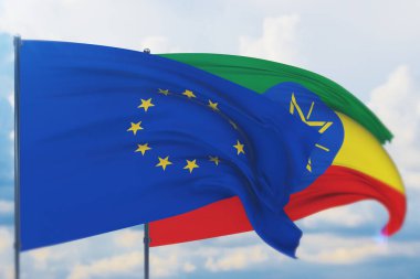 Avrupa Birliği bayrağı ve Etiyopya bayrağı sallıyordu. Yakın görünüm, 3 boyutlu illüstrasyon.