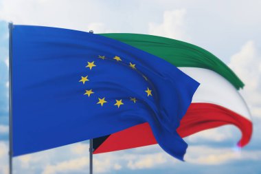 Avrupa Birliği bayrağı ve Kuveyt bayrağı sallıyordu. Yakın görünüm, 3 boyutlu illüstrasyon.