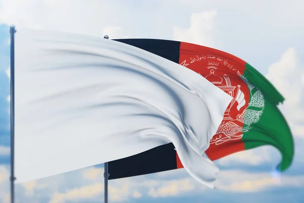 White flag on flagpole waving in the wind and flag of Afghanistan. Closeup view, 3D illustration. — Stock Photo, Image