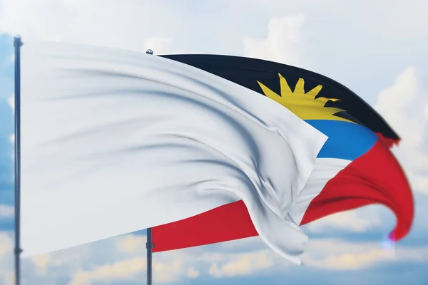 Bandera blanca en asta de bandera ondeando en el viento y la bandera de Antigua y Barbuda. Vista de primer plano, ilustración 3D. —  Fotos de Stock