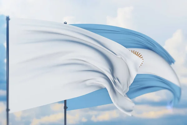 Bandeira branca no mastro acenando com o vento e a bandeira da Argentina. Vista de perto, ilustração 3D. — Fotografia de Stock