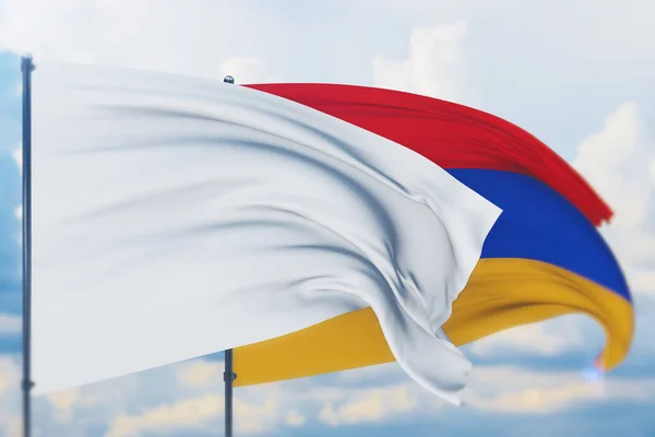 Белый флаг на флагштоке, машущем ветром и флагом Армении. Вид крупным планом, 3D иллюстрация. — стоковое фото