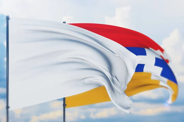 Белый флаг на флагштоке, машущем ветром и флагом Арцаха. Вид крупным планом, 3D иллюстрация. — стоковое фото