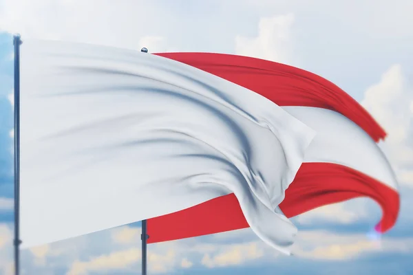 Bendera putih di tiang bendera melambai dalam angin dan bendera Austria. Tampilan close up, ilustrasi 3D. — Stok Foto