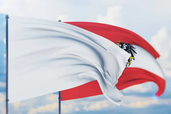Bandeira branca no mastro acenando com o vento e a bandeira do Azerbaijão. Vista de perto, ilustração 3D. — Fotografia de Stock