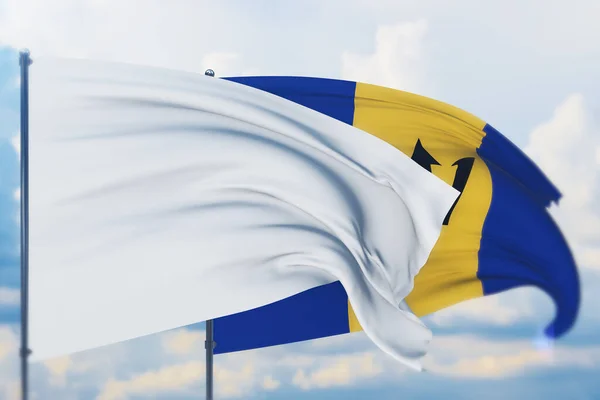 Biała flaga na maszcie na wietrze i fladze Barbadosu. Widok z bliska, ilustracja 3D. — Zdjęcie stockowe